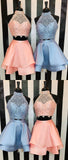 Two Piece Round Neck Short Homecoming Dresses Karla Satin Lace Blue With CD3826