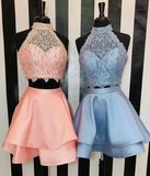 Two Piece Round Neck Short Homecoming Dresses Karla Satin Lace Blue With CD3826