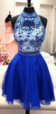 Two Piece With Scarlet Homecoming Dresses Royal Blue High Neck And Floral Top CD3900