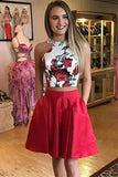 Two Piece Floral Red Short With Pocket Simple Knee Homecoming Dresses Natalie A Line Length Graduation Party Dress CD407