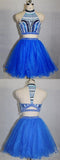 Blue High Two Pieces Evie Homecoming Dresses Cocktail Neck Beaded Short Dresses CD413