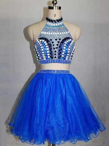 Blue High Two Pieces Evie Homecoming Dresses Cocktail Neck Beaded Short Dresses CD413