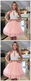 Pink Audrey Homecoming Dresses Cute Halter Two Piece Beaded Short CD419