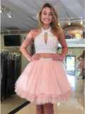 Pink Audrey Homecoming Dresses Cute Halter Two Piece Beaded Short CD419