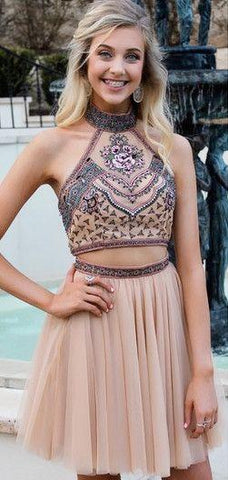 High Neck Embroidery Two Piece Homecoming Dresses Brittany Gold With Open Back CD4330