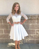 Elegant Half Homecoming Dresses Lace Micah Sleeve Short White Two Piece Party Dress CD4785