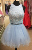 Bule Tulle Vintage Clare Homecoming Dresses Two Piece Pearl Beaded Dress Short Sexy CD5429