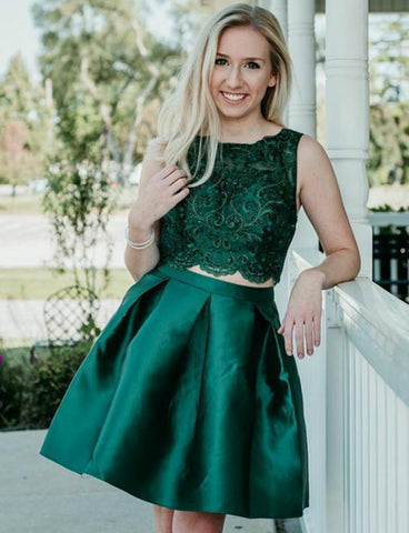 Two Piece Dark Green With Beading Homecoming Dresses Satin Nicky CD543