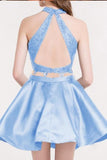 Skye Blue Two Piece Halter Sleeveless Homecoming Dresses Summer A Line Keyhole Back Appliques Short CD61