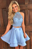 Skye Blue Two Piece Halter Sleeveless Homecoming Dresses Summer A Line Keyhole Back Appliques Short CD61