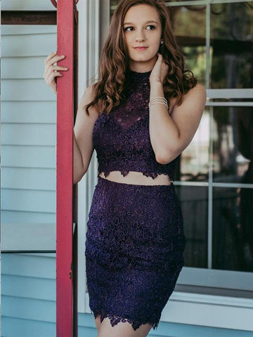 Two Piece Purple Beaded Tight Jenny Homecoming Dresses Lace CD661