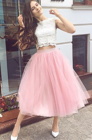 Fashion Two Piece Tulle Party Homecoming Dresses Pink Briana Lace Dress CD8030