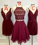 Two Piece Square Knee-Length Lace Homecoming Dresses Danna Burgundy With CD804