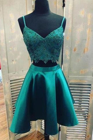 Teal Two Piece With Spaghetti Strap Graduation Alana Satin Homecoming Dresses Lace CD8105