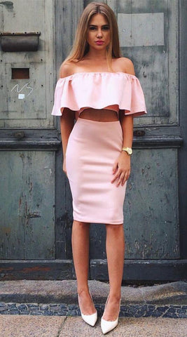 Two Piece Off-The-Shoulder Homecoming Dresses Pink Britney Knee-Length With Ruffles CD916