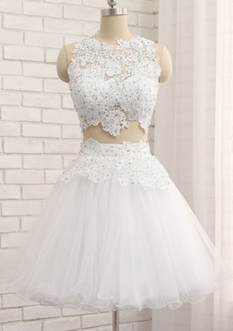 White Chloe Two Pieces Homecoming Dresses Lace Tulle Short Dress CD931