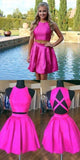 Two Piece A-Line Jewel Kaitlynn Satin Homecoming Dresses Open Back Short With Pleats CD9342