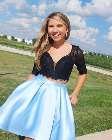 Two Piece Black And Light Sky Blue Rhoda Homecoming Dresses Short CD9552