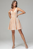 Champagne A Line V-neck Short Sequins Homecoming Dress