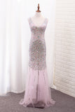 2024 Tulle Mermaid V Neck Prom Dresses With Beading Sweep Train