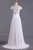 2024 Wedding Dresses V Neck Chiffon & Lace Short Sleeves Sweep Train