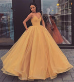 Sweetheart Strapless Yellow Long Modest Prom Gown, Ball Gown Quinceanera Dresses SRS15441