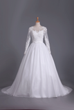 2024 Long Sleeves Scoop Ball Gown Wedding Dresses Tulle With Applique And Sash