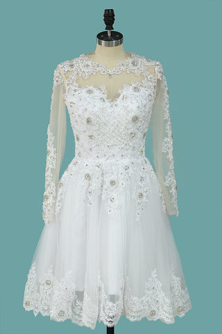 2024 A Line Scoop Wedding Dresses Long Sleeves Tulle With Applique & Beading Detachable Skirt Chapel Train