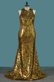 2024 Sequins Mermaid/Trumpet High Neck Prom Dresses Sweep/Brush Train New Arrival