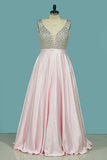 2024 A-Line Prom Dresses Beaded Bodice Satin A Line Open Back