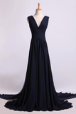 2024 V-Neck Prom Dresses A-Line With Ruffles Court Train Chiffon