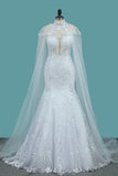 2024 Tulle Scoop Wedding Dresses Mermaid With Applique Chapel Train