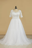 2024 Mid-Length Sleeves Scoop Wedding Dresses A Line With Applique Organza