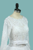 2024 A Line Wedding Dresses Long Sleeves Scoop With Applique Court Train