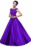 Elegant A-Line Applique Round Neck Lace Satin Ball Gown Evening Prom Dress