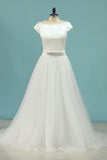 2024 A Line Bateau Short Sleeves Satin & Tulle With Beads Wedding Dresses