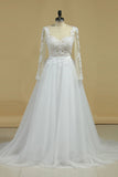 2024 Boat Neck Wedding Dresses A-Line Long Sleeves Applique Tulle