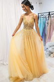 A Line Floor Length Tulle Prom Dress With Sequins, Cheap V Neck Long Formal Dresses