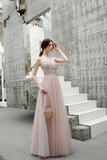 A Line Floor Length Spaghetti Straps Tulle Prom Dress With Beads