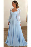 2024 Sky Blue Long Chiffon Prom Dresses With Sleeves Modest Formal Dress