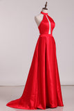 New Arrival Halter A Line Evening Dresses Satin Sweep Train