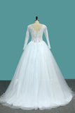 2024 Bateau Long Sleeves A Line Tulle Wedding Dresses With Applique Court Train