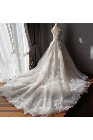 Stunning Off The Shoulder Tulle Wedding Dress With Applique, Bridal Dress With Long Train