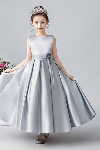 A Line Silver Sleeveless Flower Girl Dresses With Flower Belt