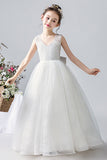 White V-Neck Sleeveless Mesh Flower Girl Dresses