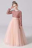 Long Sleeve Sequins Floor Length Tulle Flower Girl Dresses