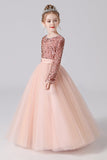 Long Sleeve Sequins Floor Length Tulle Flower Girl Dresses