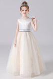 Cute Sleeveless Beading Tulle Floor Length Flower Girl Dresses