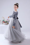 Black Tulle Long Sleeve Floor Length Flower Girl Dresses With Sequins