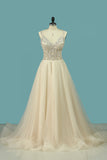 2024 A Line Spaghetti Straps Wedding Dresses Beaded Bodice Tulle Court Train